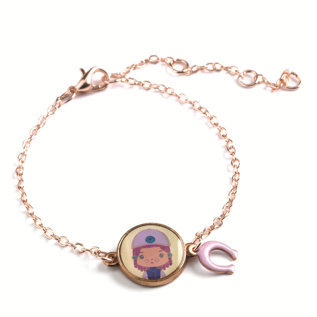 A children's bracelet from Djeco's Tinyly collection featuring a gold-colored chain and a charm of Joe, a character depicted with a horse and a heart-shaped accessory.
