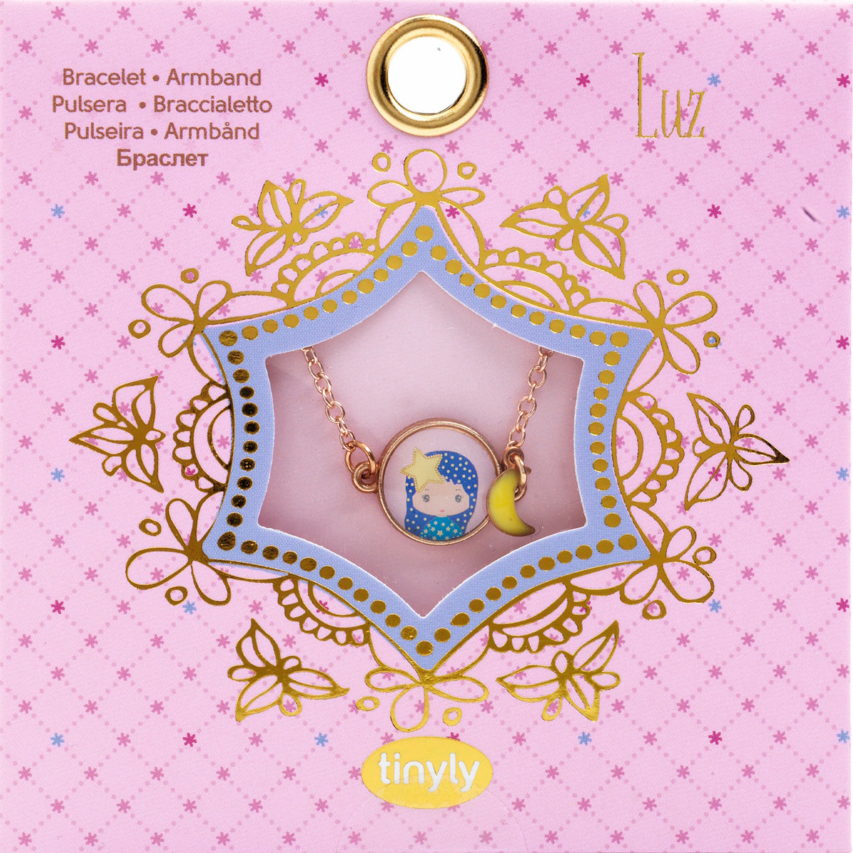 A children's bracelet from Djeco's Tinyly collection featuring a gold-colored chain with a charm of Luz.