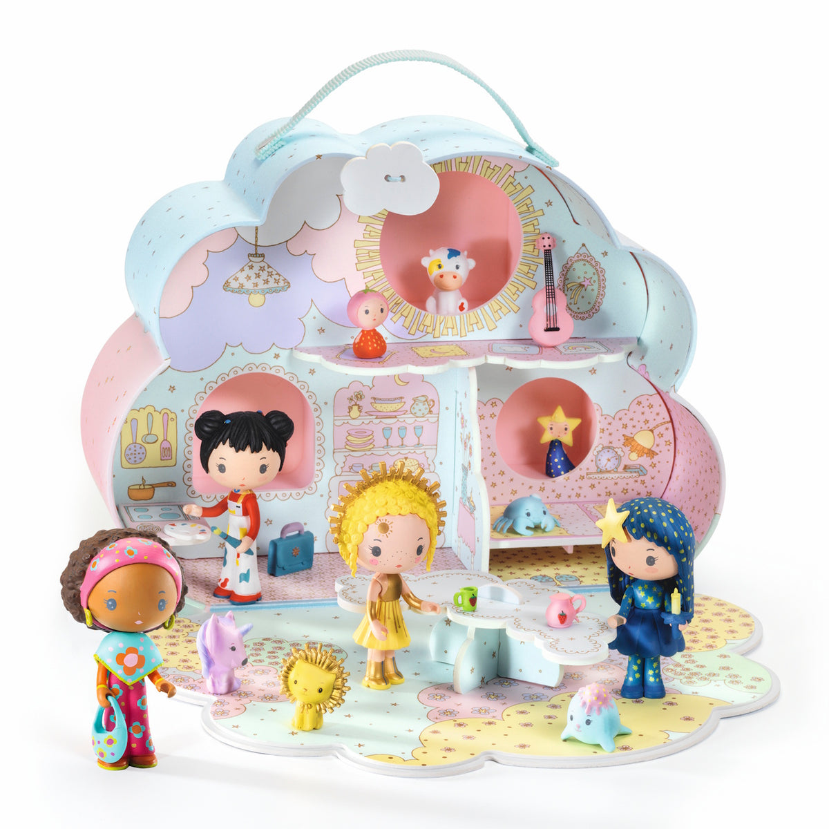 Colorful playset of Sunny & Mia's house with whimsical characters, animals, and various rooms, showcasing a playful, imaginative scene.
