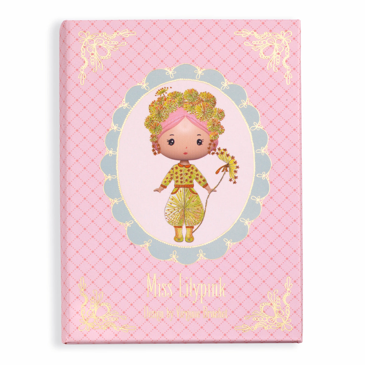 The set includes a cardboard booklet with a central illustration of Miss Lilypink and four sheets of reusable vinyl stickers, allowing children to dress and accessorize her in various outfits.
