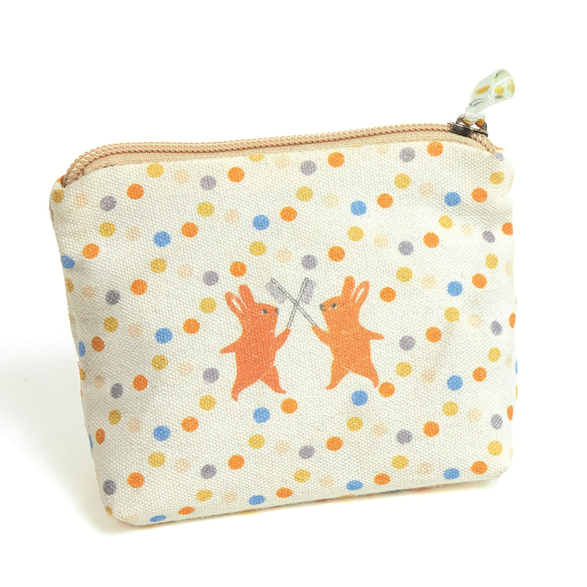 Small canvas coin purse with colorful polka dots and two dancing rabbits illustration.