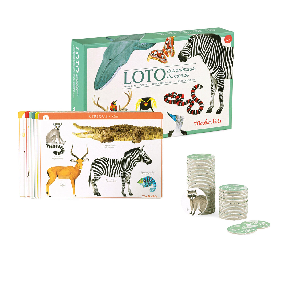 Moulin Roty Animal Lotto game with illustrated boards, circular animal tokens, and a green decorative storage box.
