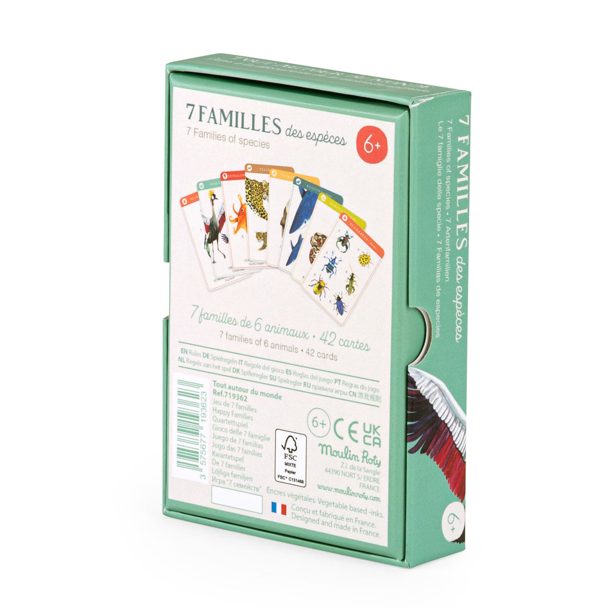 Back of Moulin Roty 7 Families card game box showing animal cards, 42 total cards, and French design details.