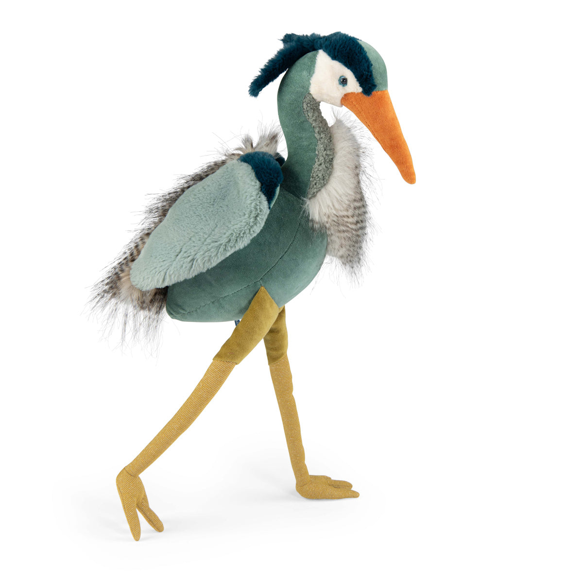 A plush toy resembling a heron with teal and grey feathers, an orange beak, and long yellow legs. It exudes a cute and whimsical charm.