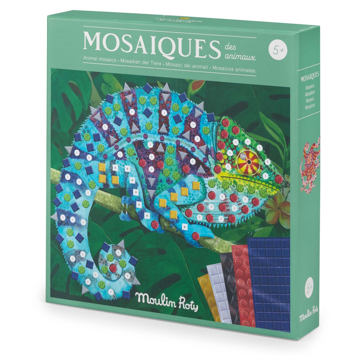 Moulin Roty chameleon animal mosaic kit for kids age 5+. Product box with colorful glitter sticker tiles.