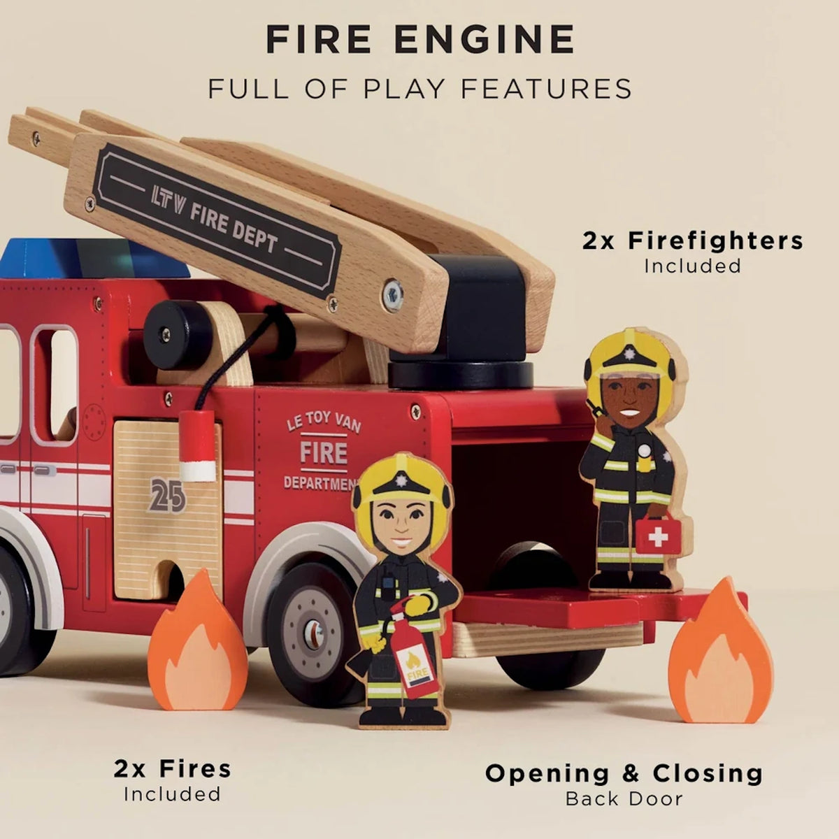 Wooden toy fire engine with firefighters, fire cutouts, and opening back door.