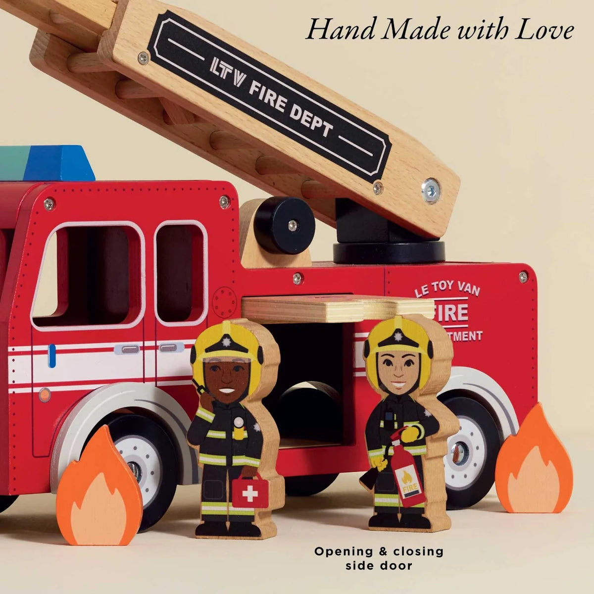 Red wooden toy fire engine with firefighters, fire cutouts, and opening side door.