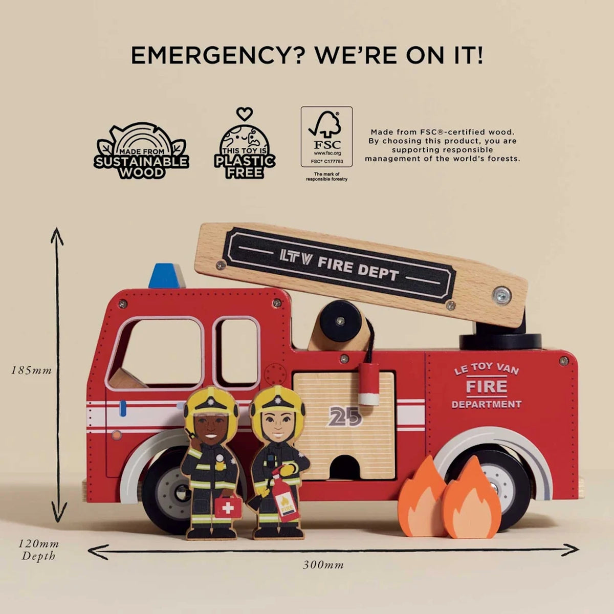 Red wooden toy fire engine with dimensions, two firefighters, fire cutouts, and sustainability icons.