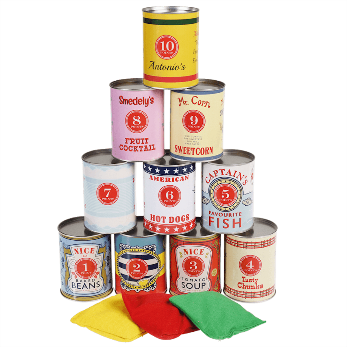 Stacked numbered game tin cans in a pyramid shape with three colored bean bags in front.
