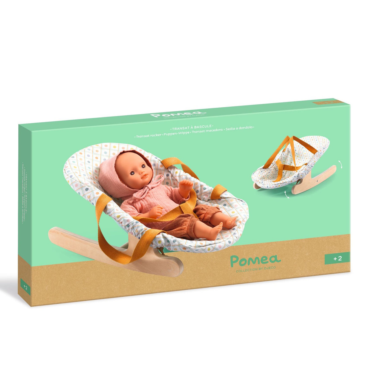 Djeco Pomea Collection doll rocker toy box featuring a baby doll in a patterned fabric bouncer with wooden base.