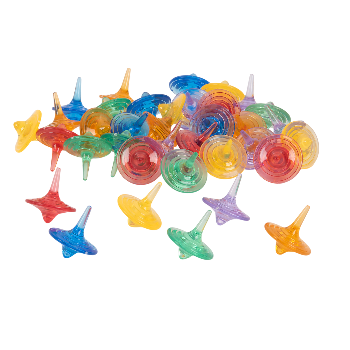 A set of spinning sensory toys with clear, colorful discs that create visual effects, ideal for exploring color mixing and motion.