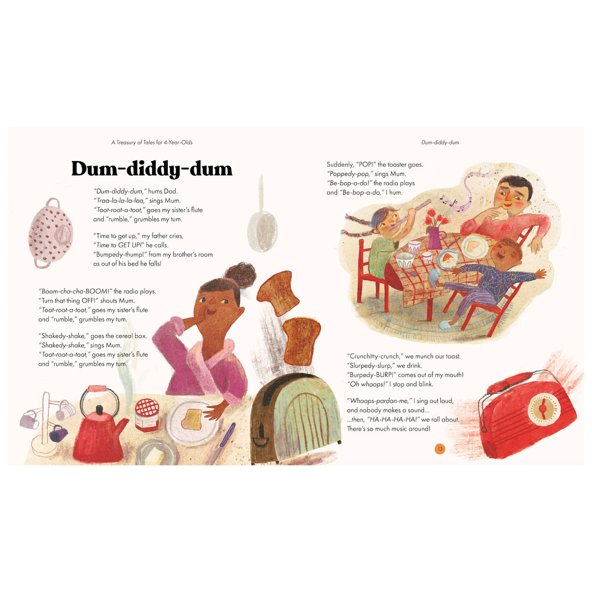 Children's book spread "Dum-diddy-dum" featuring a family eating breakfast with colorful illustrations and rhyming text.