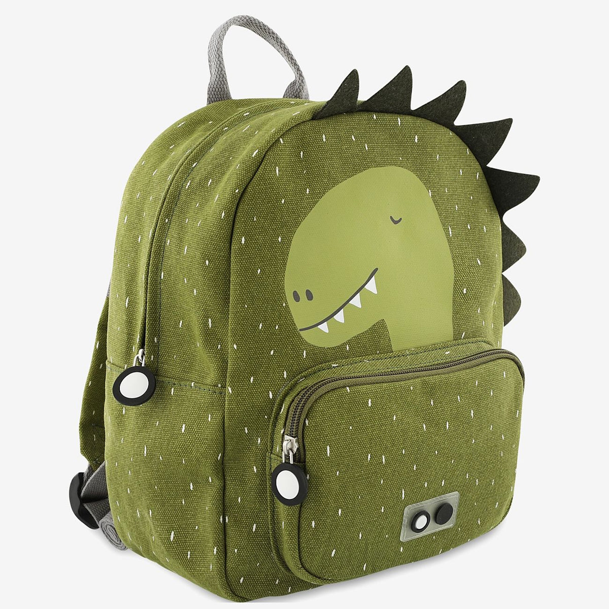A green children's backpack featuring a dinosaur graphic, fabric spikes along the side, and a front pocket.