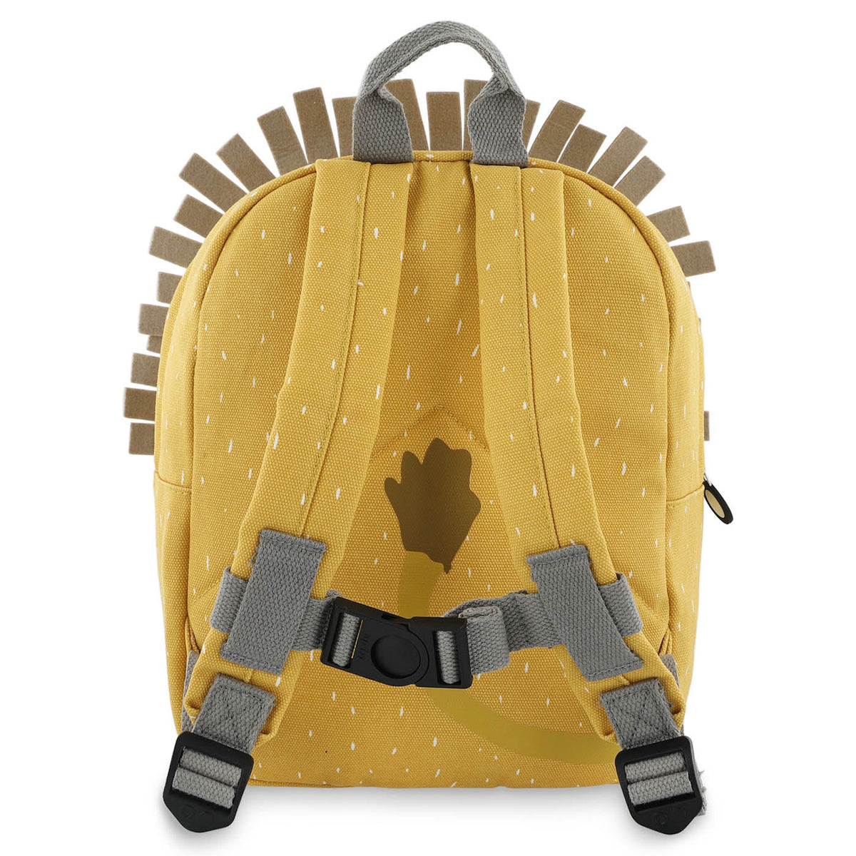 The back view of a yellow children's backpack with gray shoulder straps, a chest strap, and felt lion mane trim.