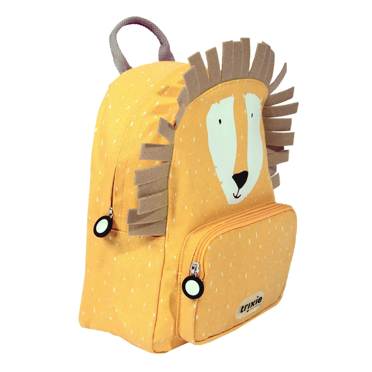 Yellow kids' backpack shaped like a lion with a stylized face print, white specks, and a brown felt mane.