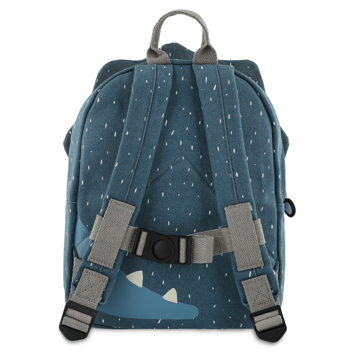 The back view of a blue children's backpack with white specks, gray shoulder straps, and a chest strap.