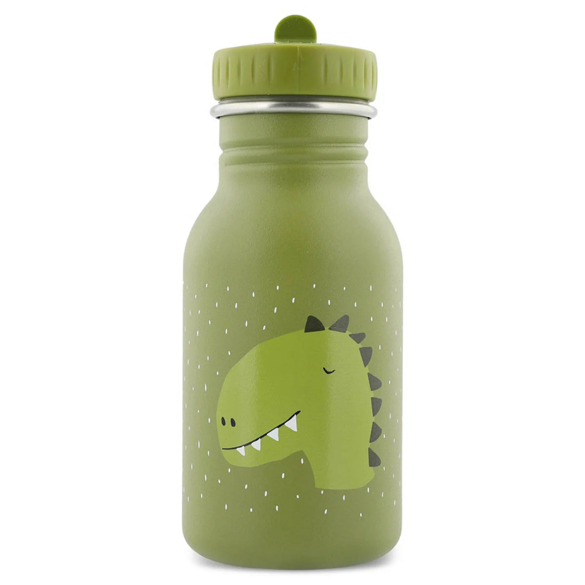 Green kids water bottle with a cartoon dinosaur graphic and a white speckled pattern.