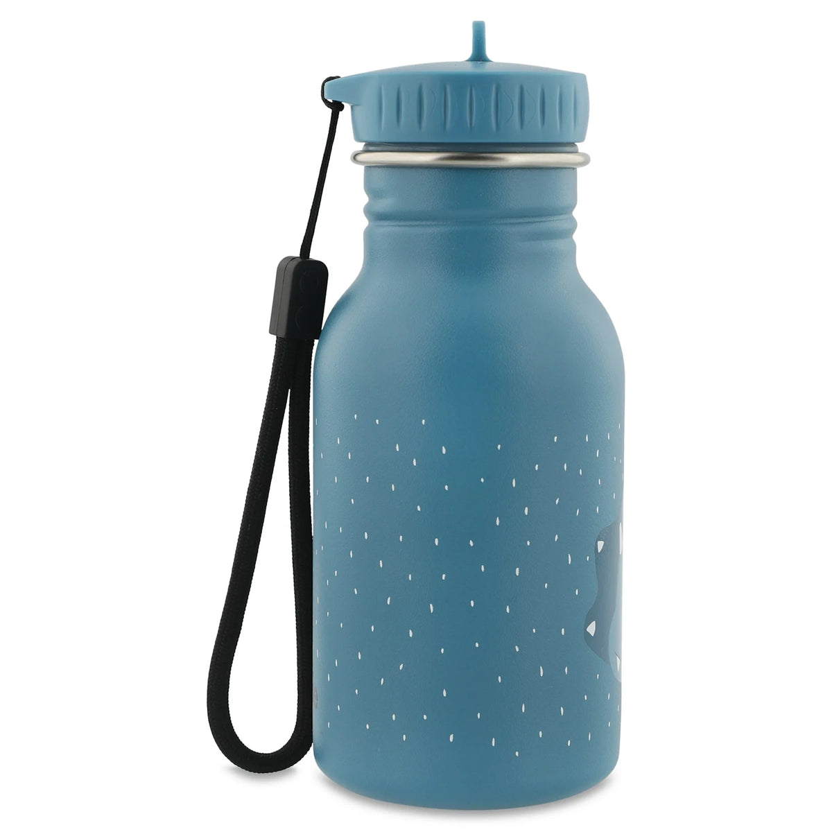 Side view of a blue kids' water bottle with white specks and a black carrying strap attached to the lid.