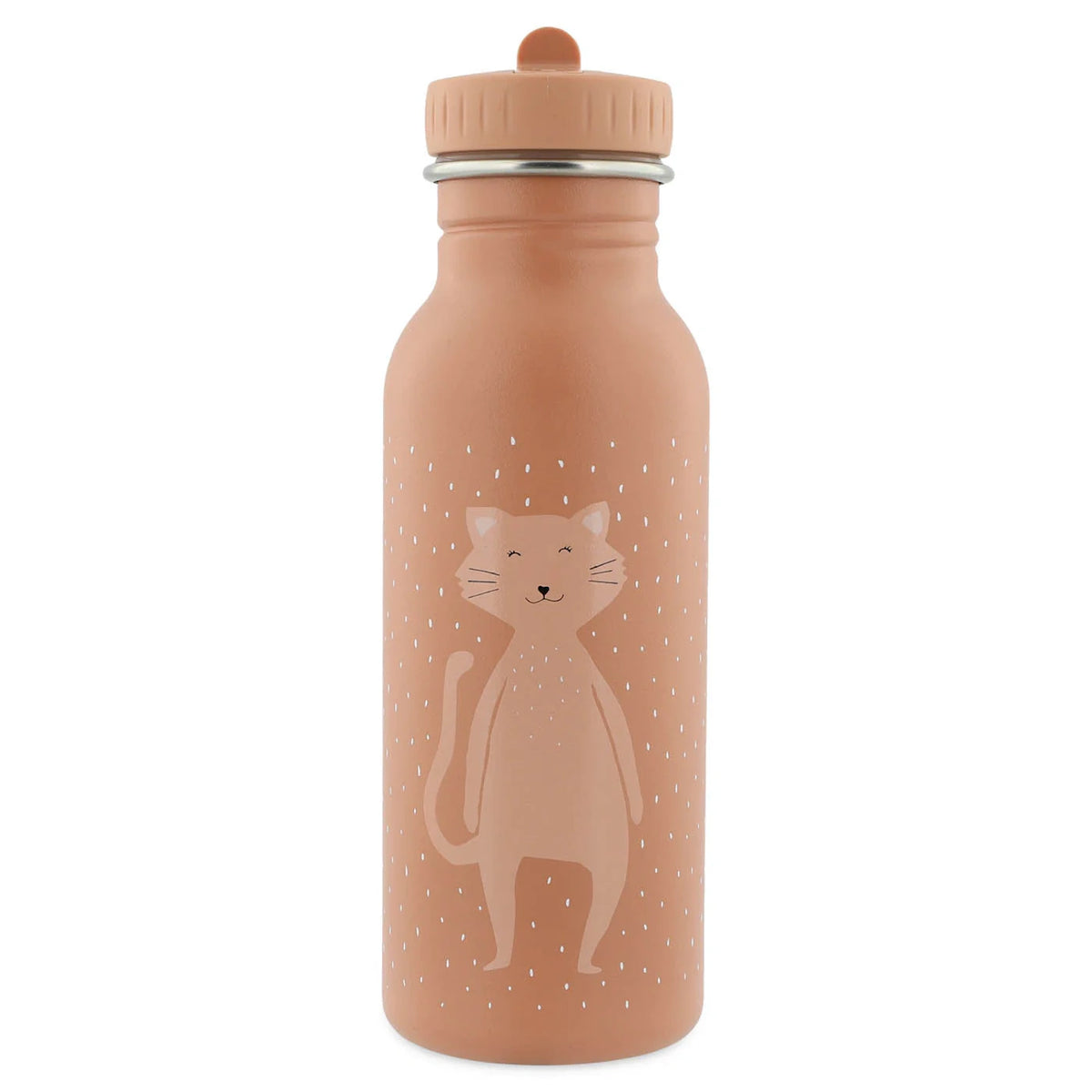 Pink stainless steel water bottle featuring a cute cartoon cat illustration with a matching pink cap.