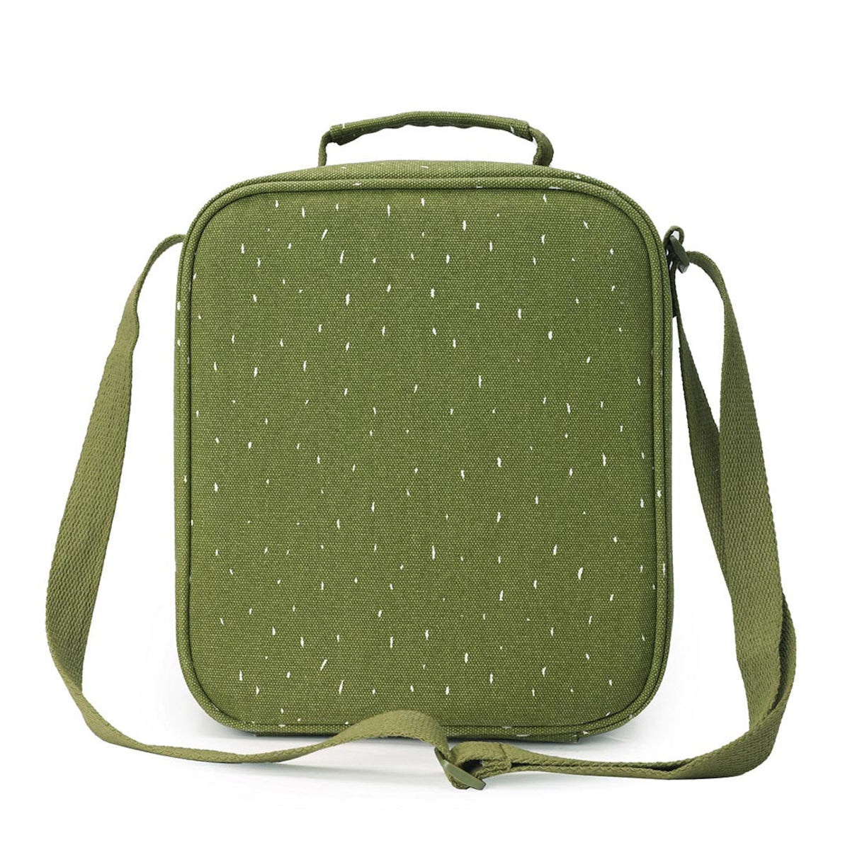 The back view of a green textured lunch bag with white dashes, a top handle, and a shoulder strap.