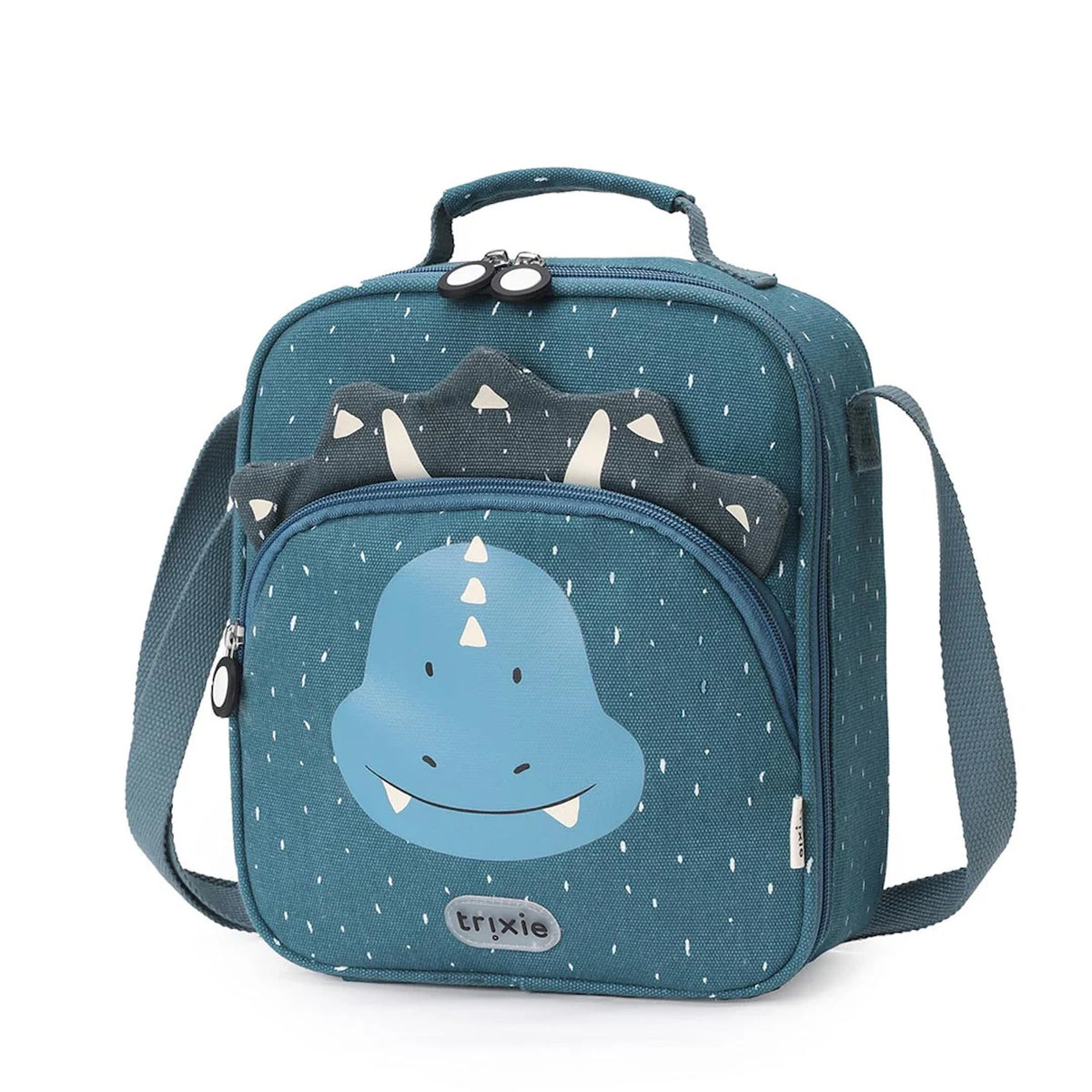 Blue Trixie lunch bag with a cute triceratops dinosaur face, top handle, and shoulder strap.