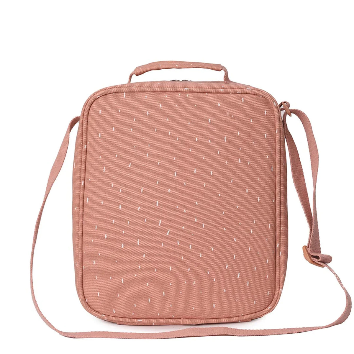 The back of a dusty pink insulated lunch bag with a white dotted pattern, top handle, and shoulder strap.