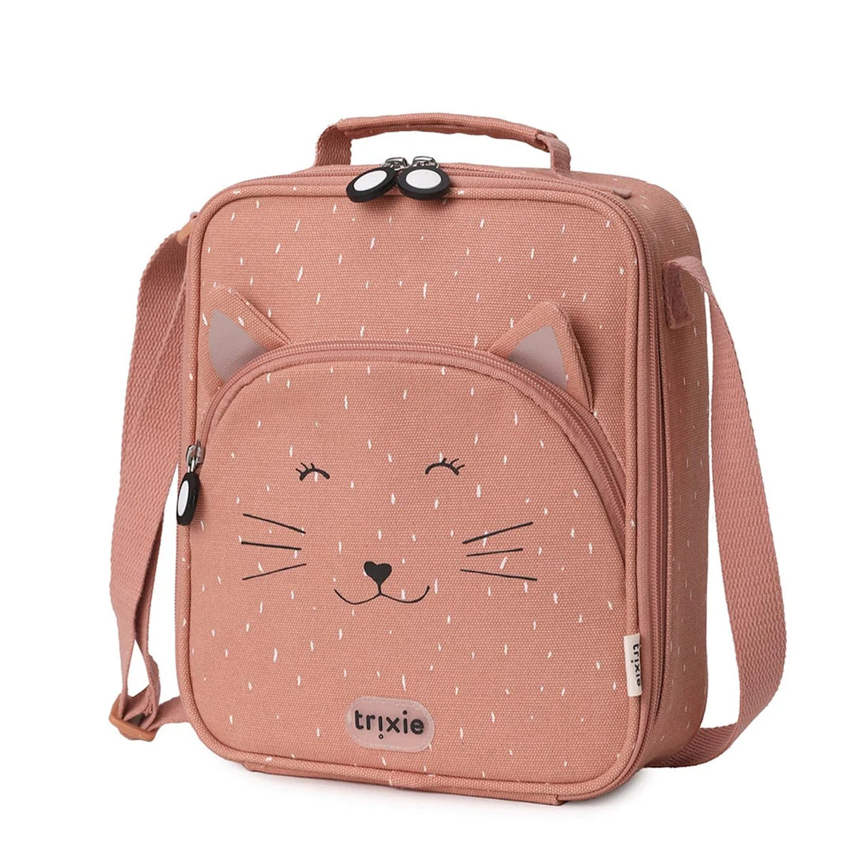 Pinkish-brown kids lunch bag with a cute cat face, cat ears, a top handle, and a shoulder strap.