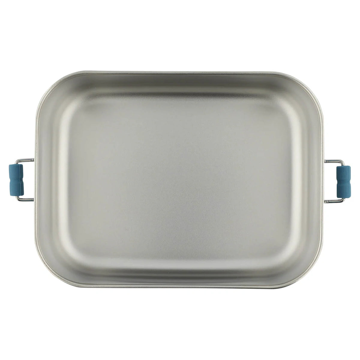 An empty, rectangular stainless steel lunch box with blue-tipped metal side latches.