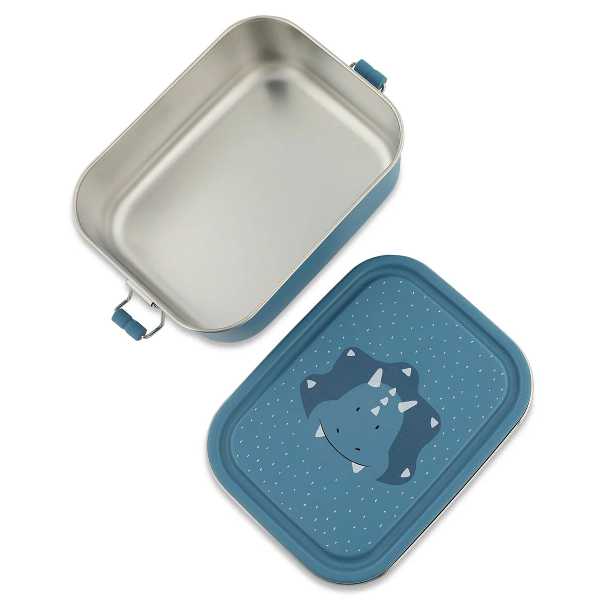 Open blue stainless steel lunch box, shown from above with its triceratops-patterned lid detached.