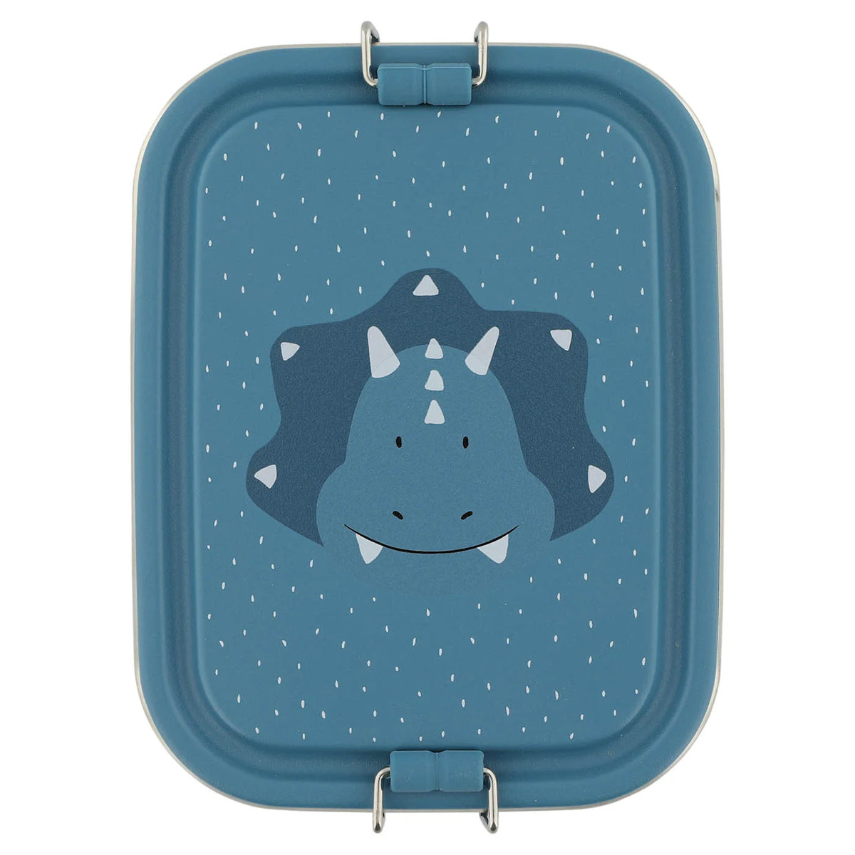 Top view of a closed blue lunch box featuring a cartoon triceratops face with white speckles.