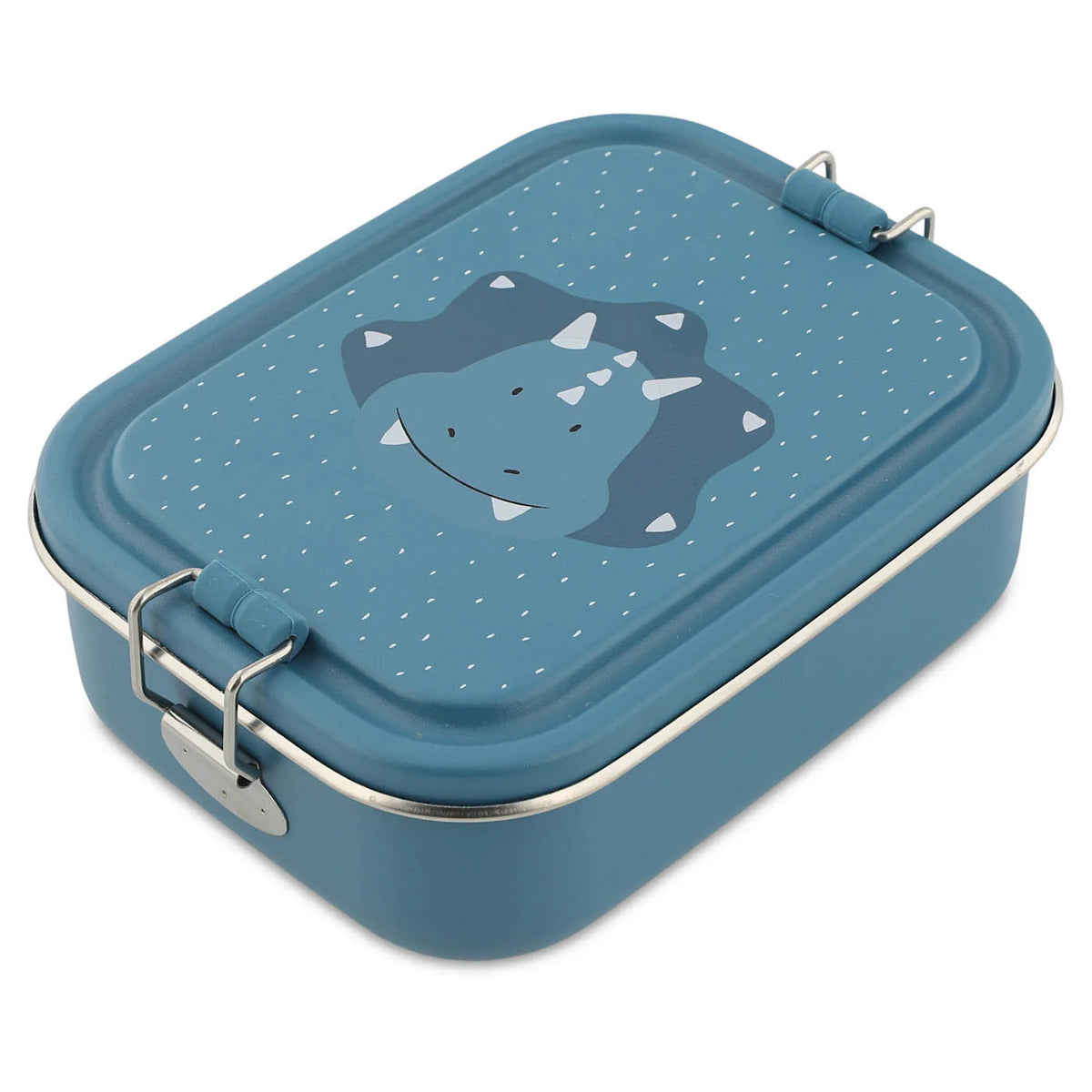 Teal kids lunch box with a triceratops illustration on the lid and silver metal side latches.