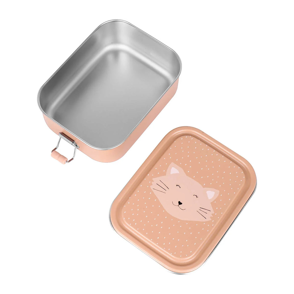 An open stainless steel lunch box with a peach exterior and a separate lid featuring a cat face illustration.