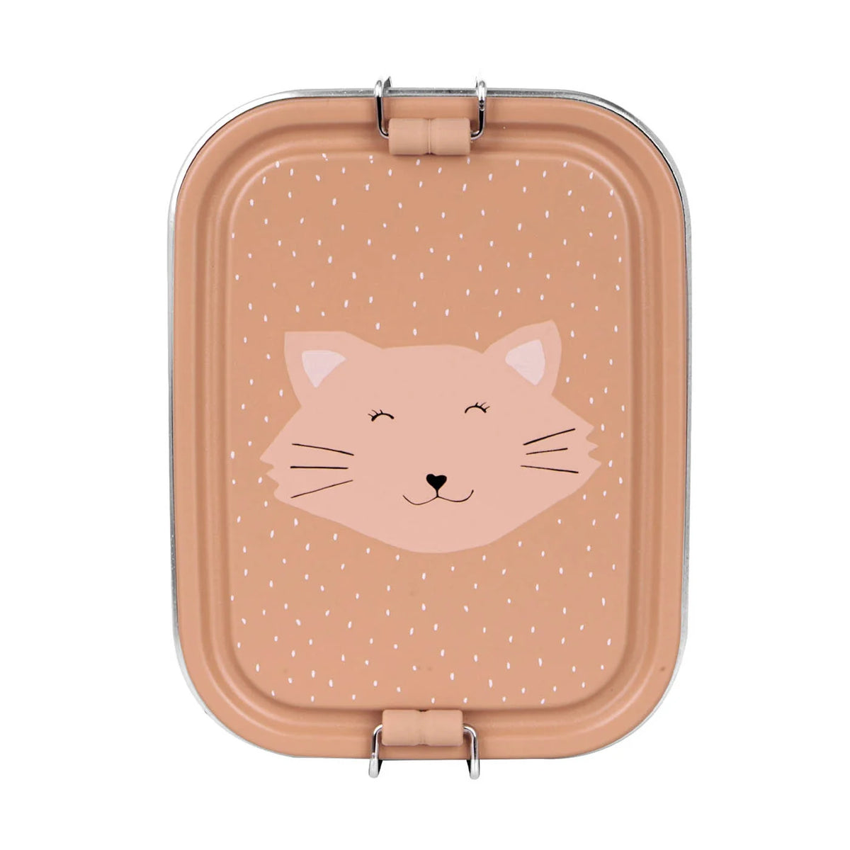 Peach kids lunch box with a cat face illustration on the lid and silver metal latches.