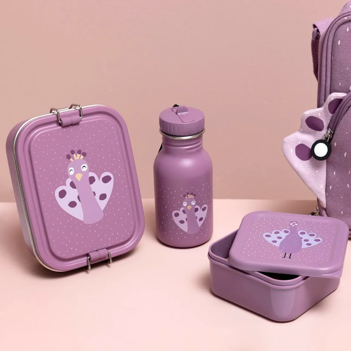 Purple peacock-themed stainless steel lunch box, water bottle, snack container, and matching bag.