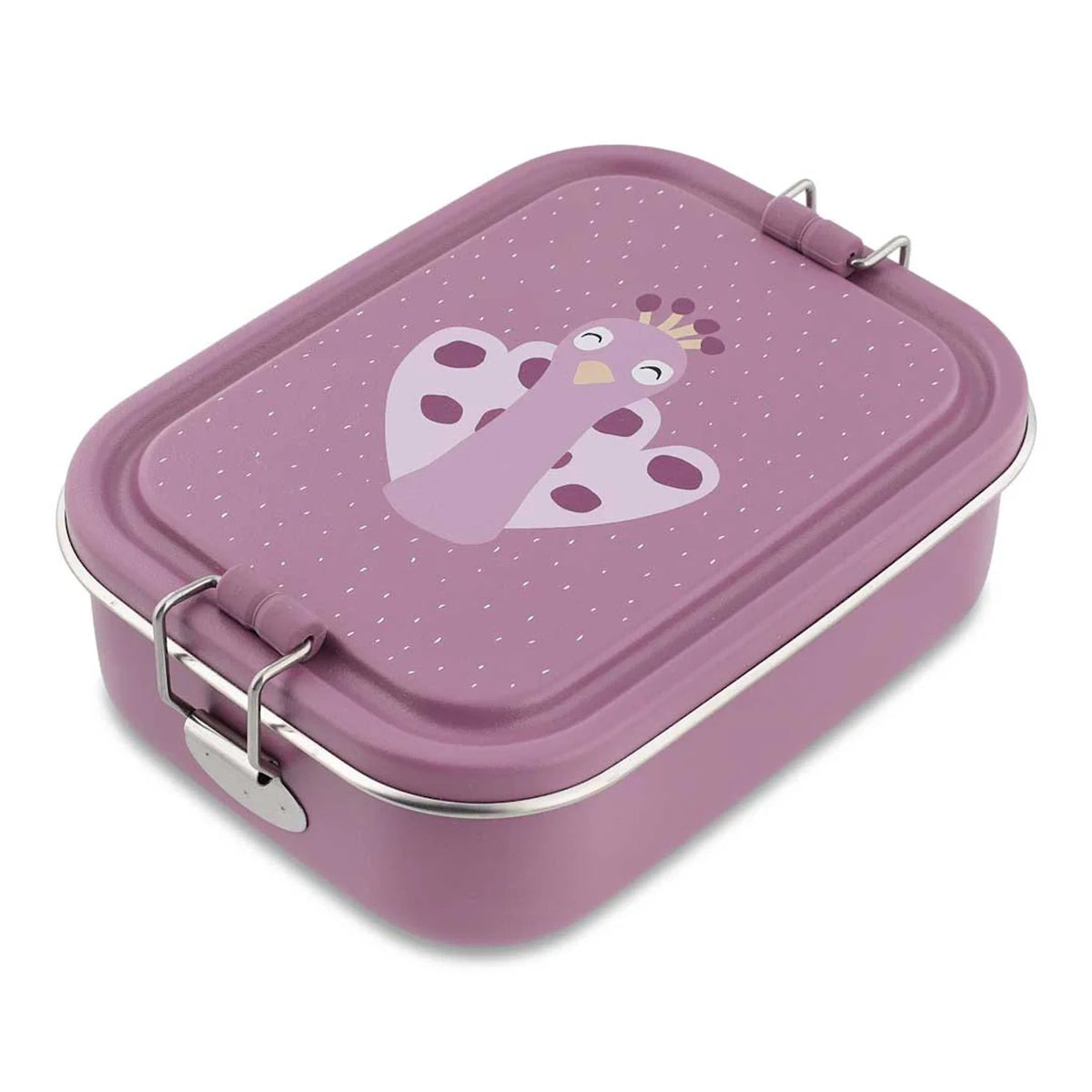 Purple kids lunch box with a peacock illustration on the lid and silver metal side latches.