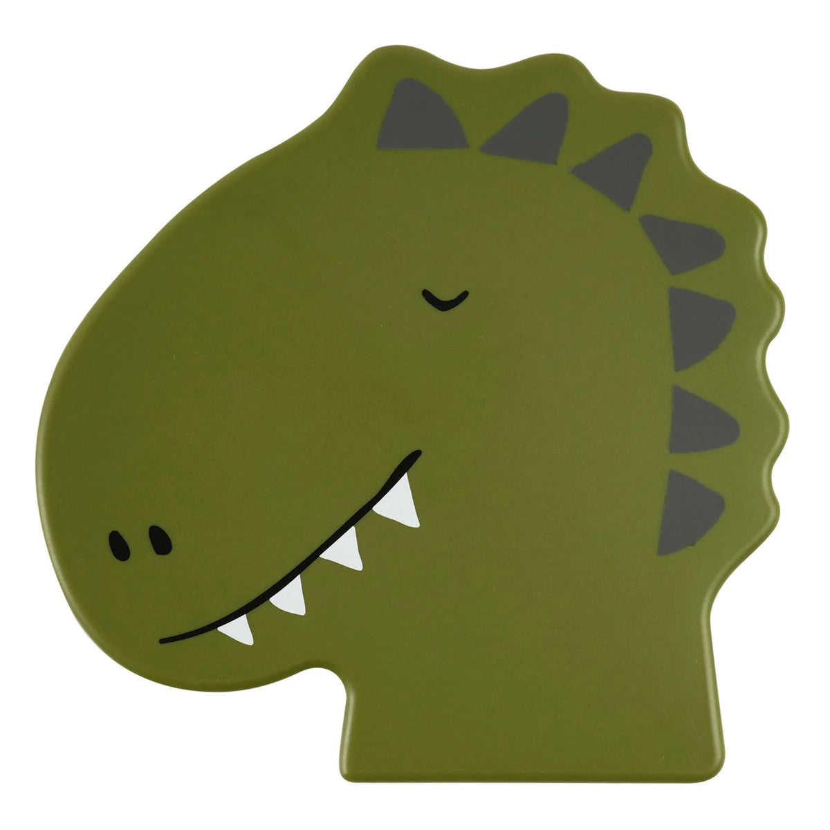 Top-down view of a green kids lunch box lid shaped like a dinosaur's head with spikes and a friendly smile.