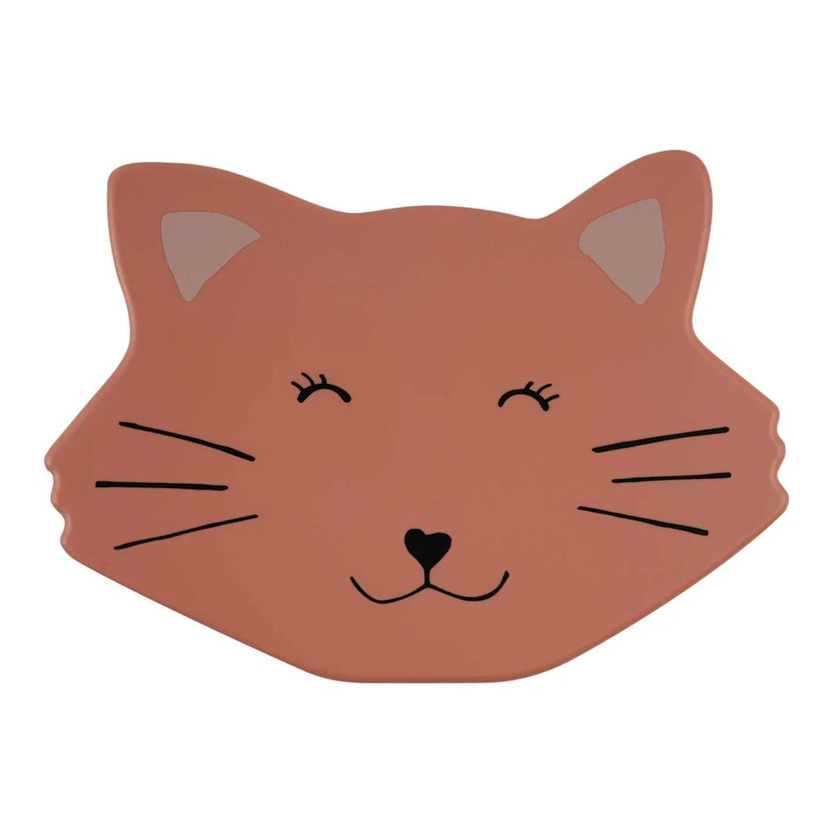 The lid of a peach cat-shaped lunch box featuring a cute cat face illustration with whiskers.