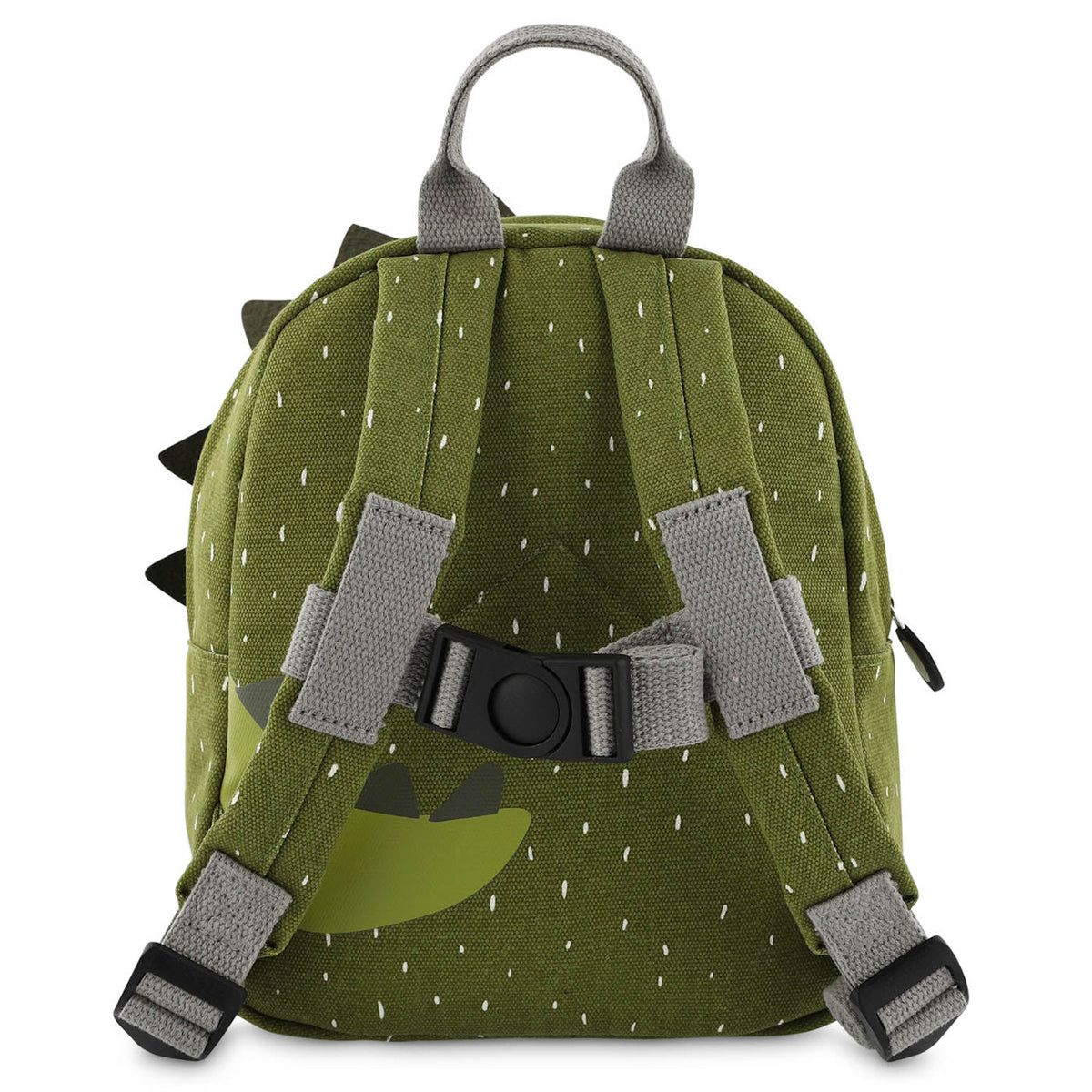 The back view of a green children's backpack with white specks, gray shoulder straps, and a chest strap.