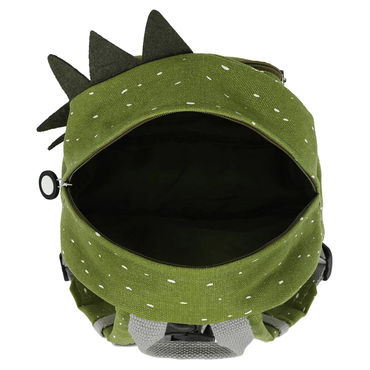 An open, green children's backpack with a white speckled pattern, grey handle, and fabric dinosaur spikes.