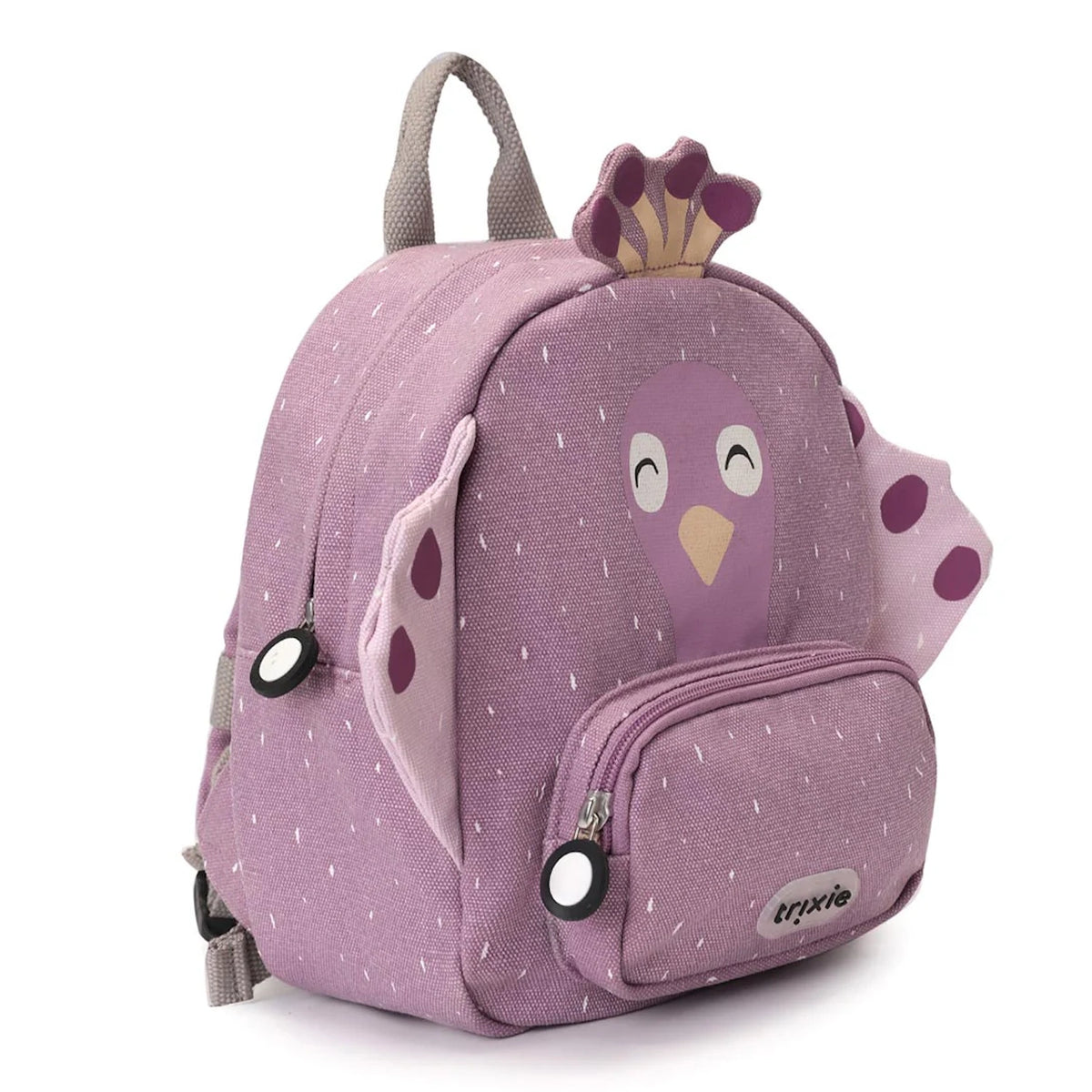 Side-angle view of a purple peacock-themed kids backpack, showcasing its depth, wings, and zippers.