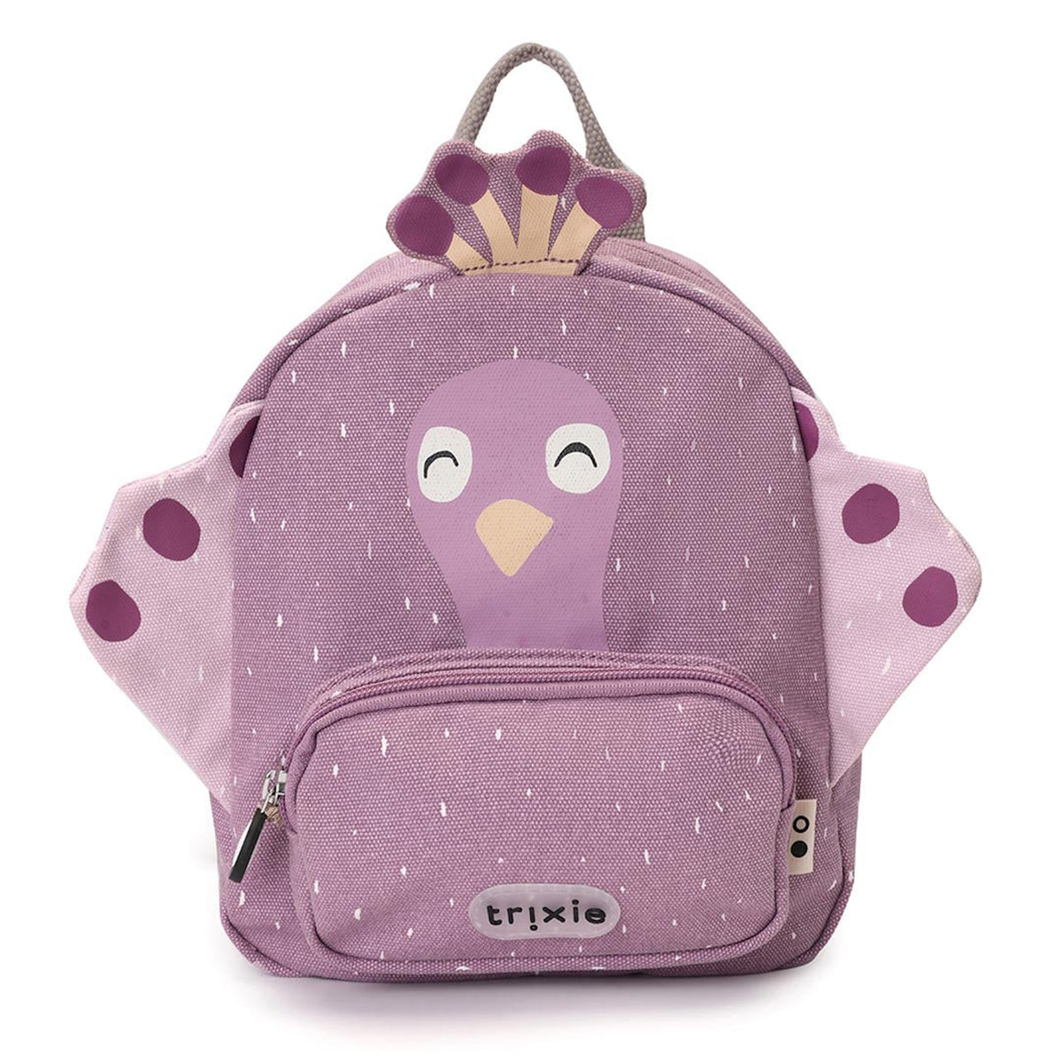 A purple kids backpack shaped like a peacock with a crown, side wings, and a white speckled pattern.