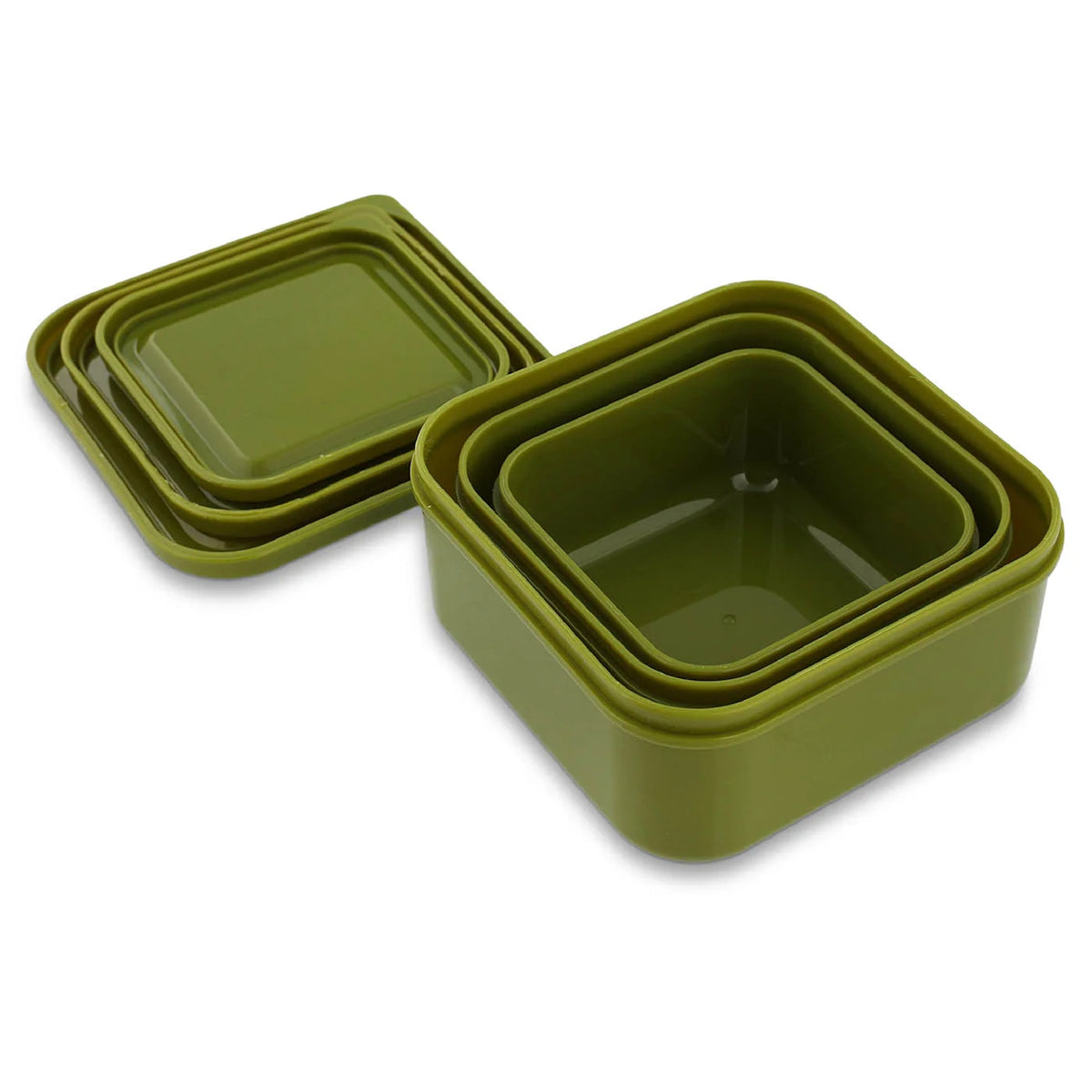 Three open, olive green nesting snack boxes stacked inside each other next to their matching lids.