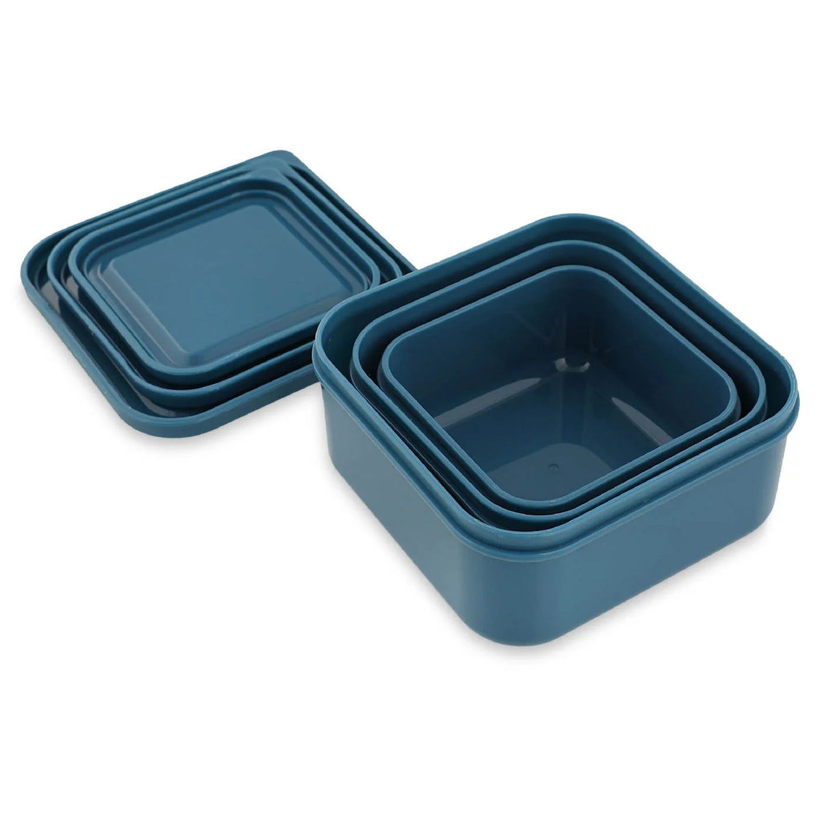 Three open, nesting blue snack boxes stacked inside each other next to their nested lids on a white background.