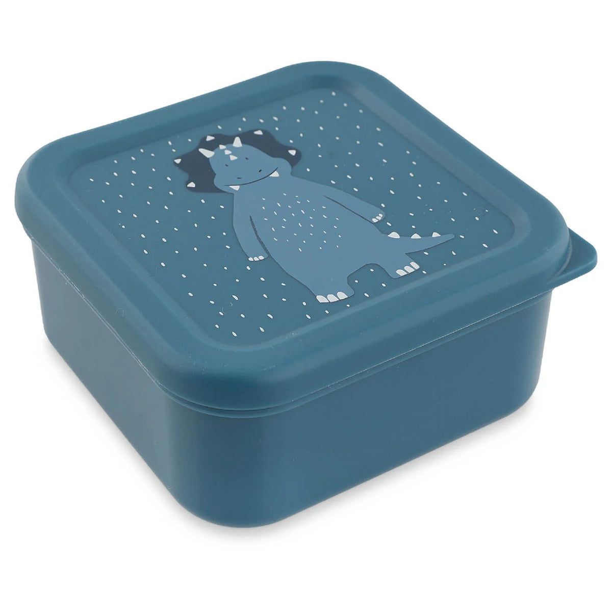 Blue square snack box featuring a cute cartoon triceratops dinosaur illustration on the lid.