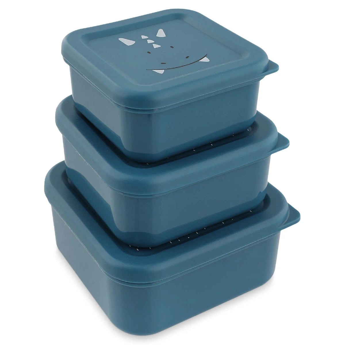 Three blue square dinosaur-themed snack boxes stacked on top of each other, on a white background.