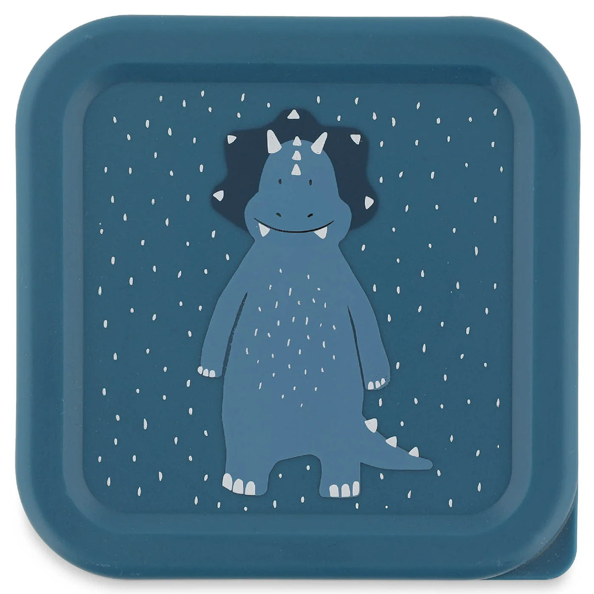 Top view of a square blue snack box lid featuring a cartoon triceratops with white speckles.
