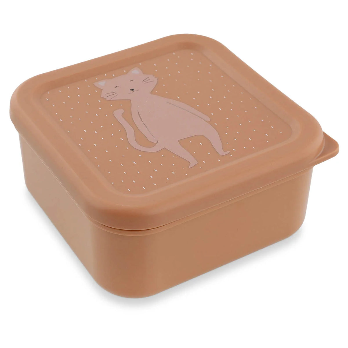 A square peach snack box with a matching lid featuring a cute cat illustration.