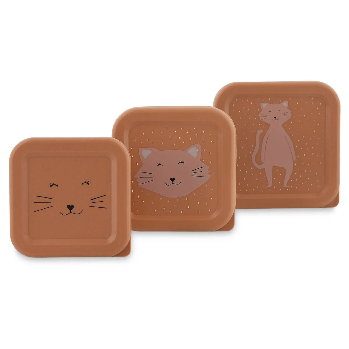 A set of three nesting pinkish-brown snack boxes in graduating sizes, each featuring a different cat design.