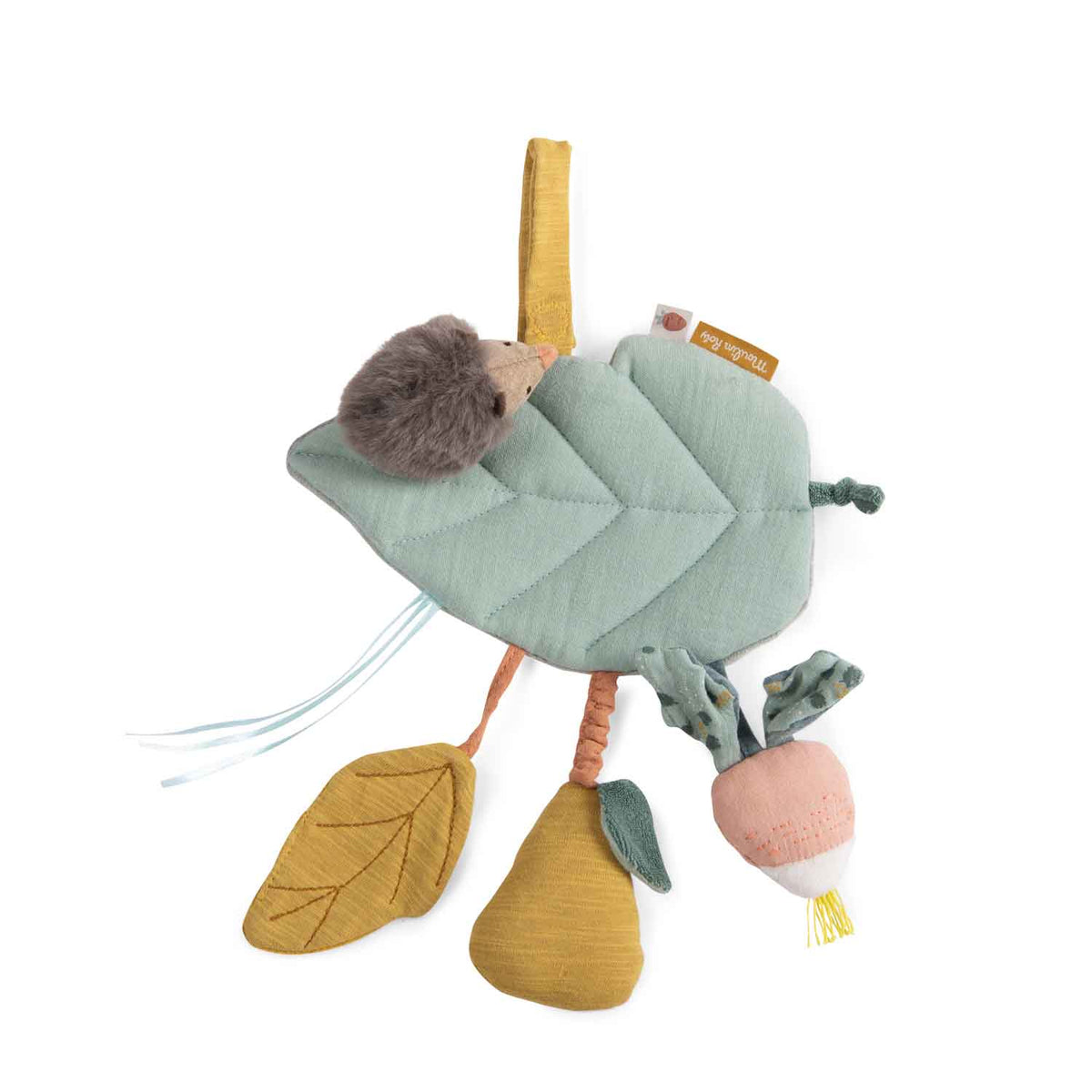 Plush baby activity toy with a large green fabric leaf, a fuzzy hedgehog, and dangling pear, radish, and leaf shapes.