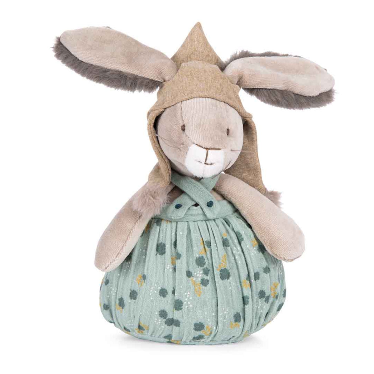 Plush rabbit toy wearing a pointed tan hood and green floral overalls against a white background.